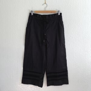 WHBM Black Linen Blend Wide Leg Crop Pants Tassel Tie Waist Lace Hem Size 4